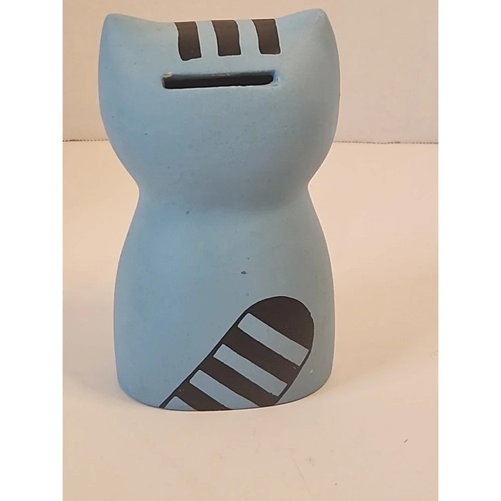 Vintage Ceramic Blue Kitty Cat Money Bank 5.25